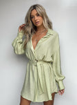 side view of model wearing Princess Polly Bilari Textured Fabric Shirt Dress Green V-Neck 