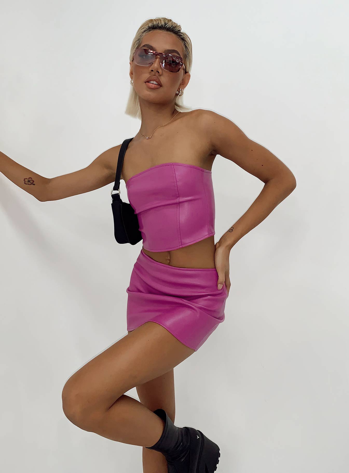 back view of model wearing Princess Polly Motel Ima Skirt PU Hot Pink Mini Skirts 