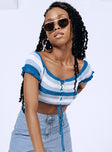 Blue top Sheer crochet material  Stripe print  Lace up front fastening 