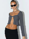Long sleeve top Sheer material Sweetheart neckline Knot detail at bust Split hem Invisible zip fastening at back