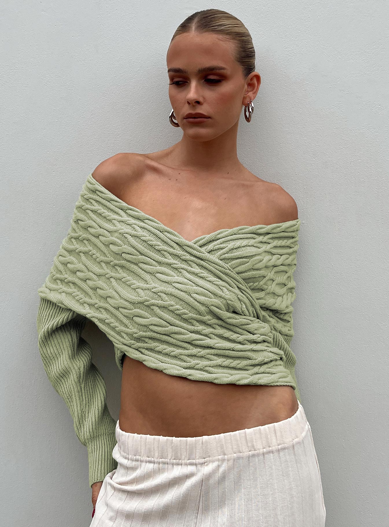 Tamas Wrap Front Sweater Sage Princess Polly  Cropped 