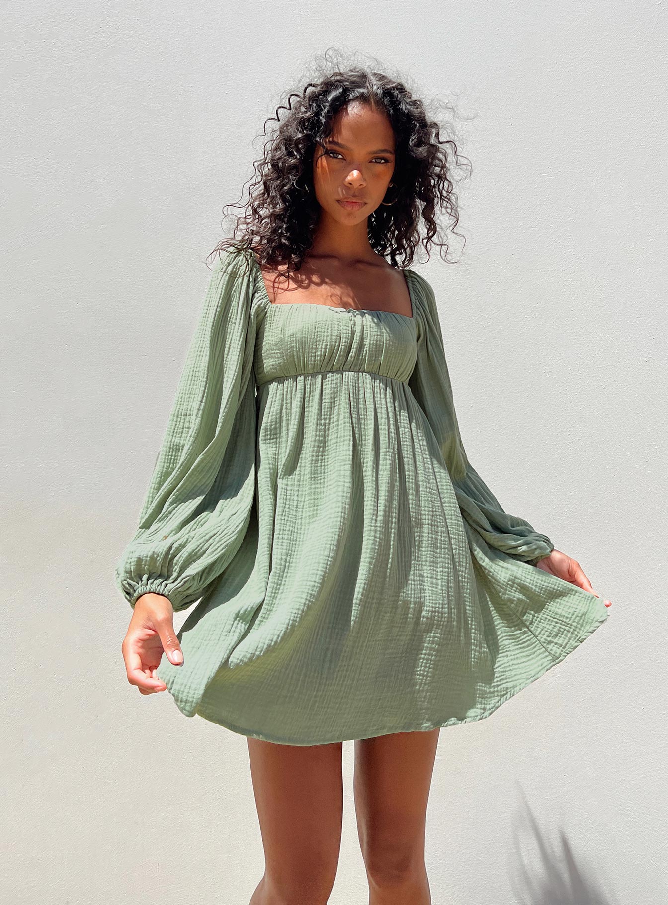 Sage long shop sleeve dress