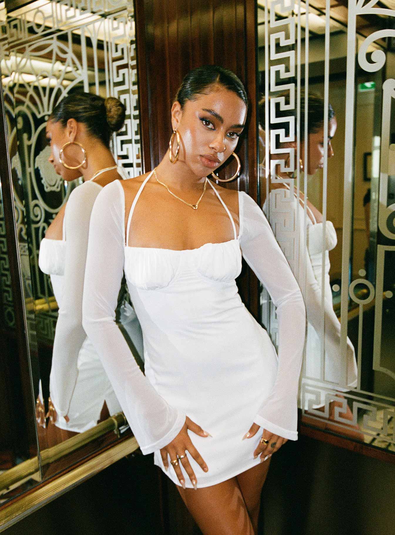 Dyer Sheer Sleeve Mini Dress White Low Impact | Princess Polly Dyer Sheer Sleeve Mini Dress White Low Impact | Princess Polly