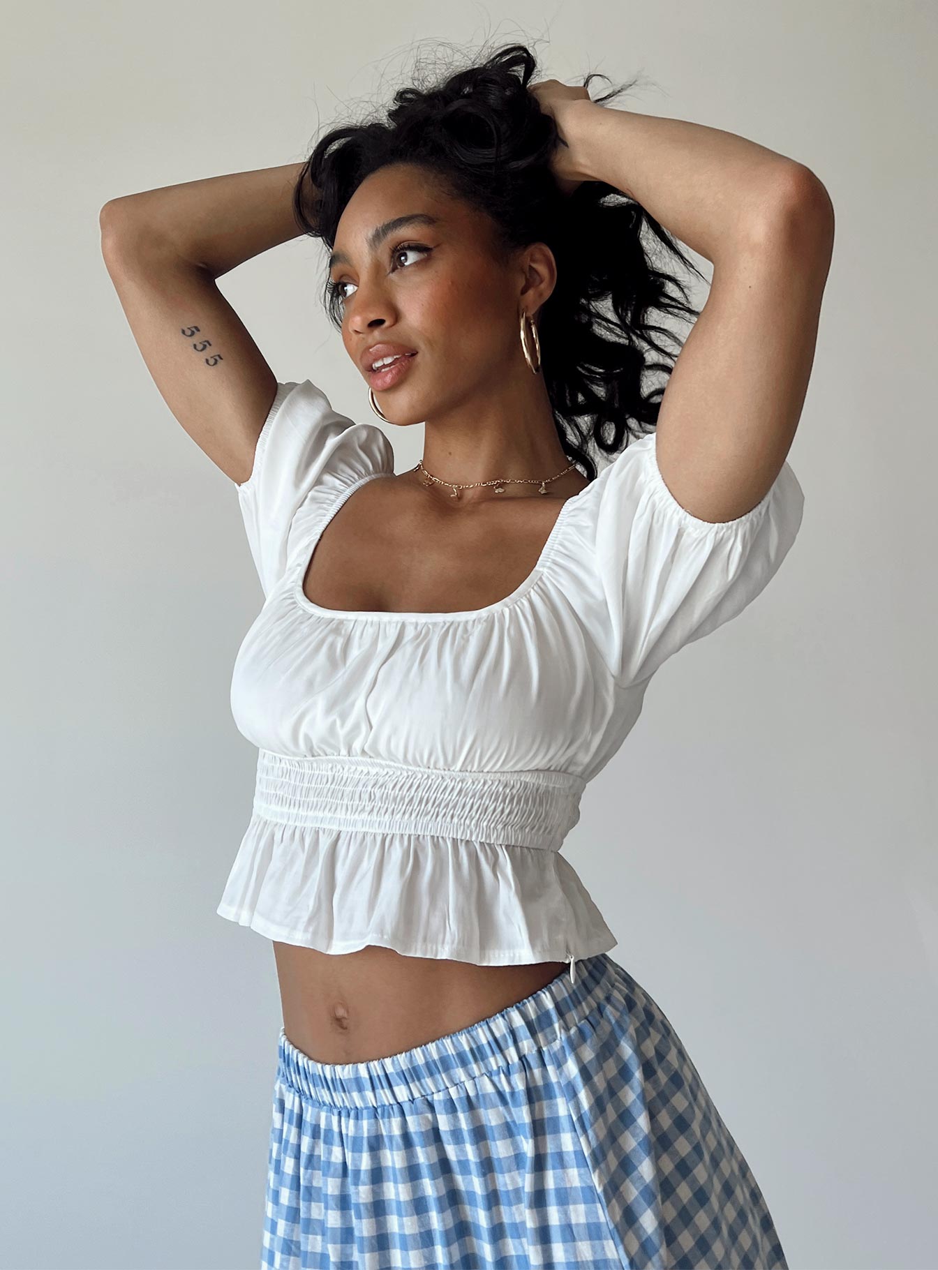 front view of model wearing Princess Polly Maywood Top White Short Sleeves Square Neck 