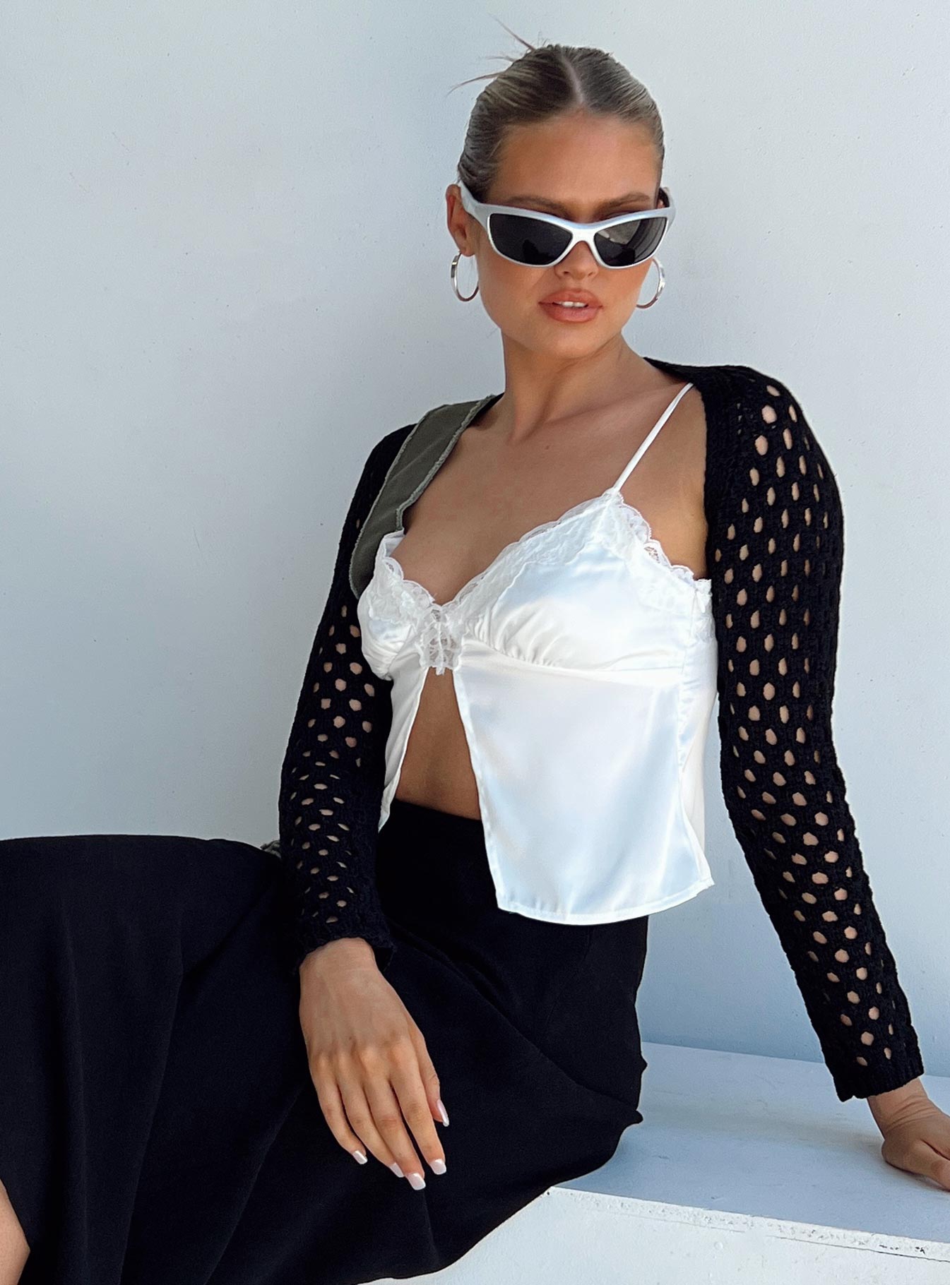 back view of model wearing Princess Polly Lotani Bolero Black Cropped 