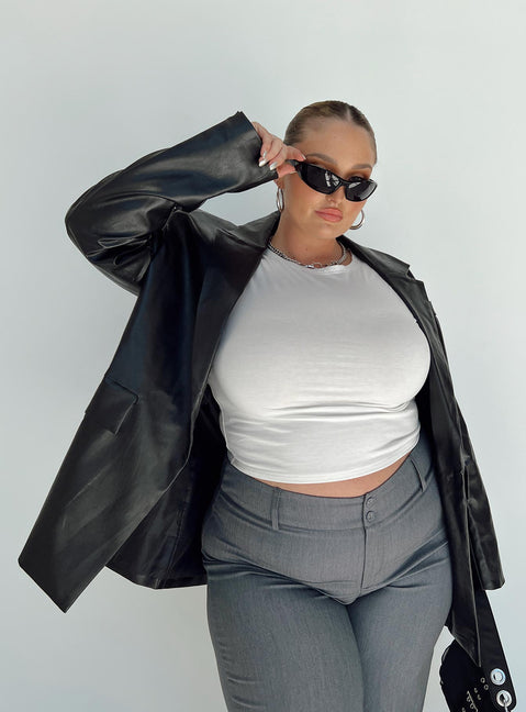 Black blazer Faux leather material Twin front pockets Padded shoulders Fully lined