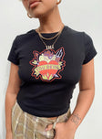 front view of model wearing Princess Polly Taz You Devel Longline Baby Tee Black Short Sleeves Crew Neck 