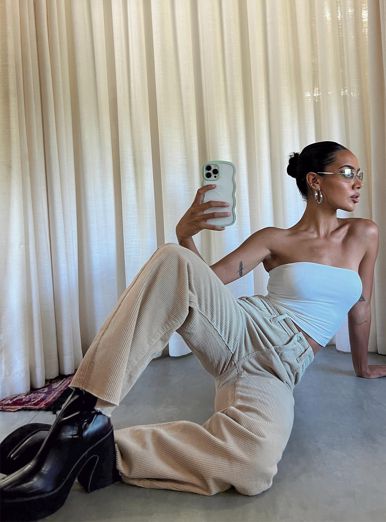 Front view of model wearing  front Princess Polly High Waisted  Kalinda Jeans Beige Cord