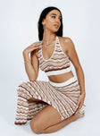 Matching set Crochet material  Crop top  V neckline  High waisted maxi skirt  Elasticated waist High side slit