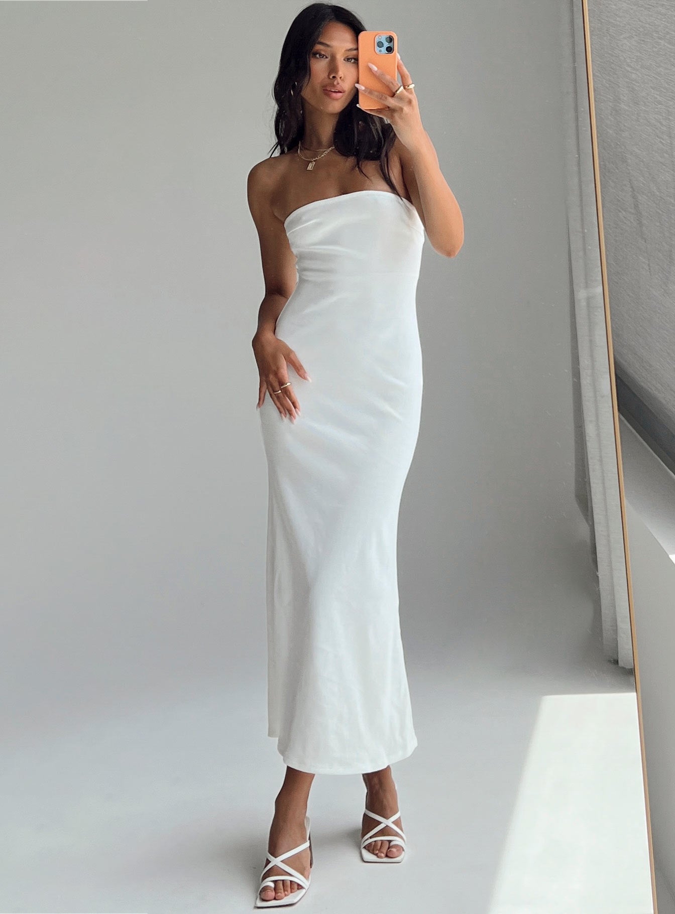 Long White Satin Formal Gown with Side Pockets