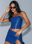 Blue bustier top Faux leather material  pointed neckline  Boning throughout  Zip fastening at back  Fully lined 