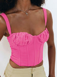 Pink crop top Inner silicone strip at bust Sweetheart neckline Ruched bust Wired cups Zip fastening at back Boning through front