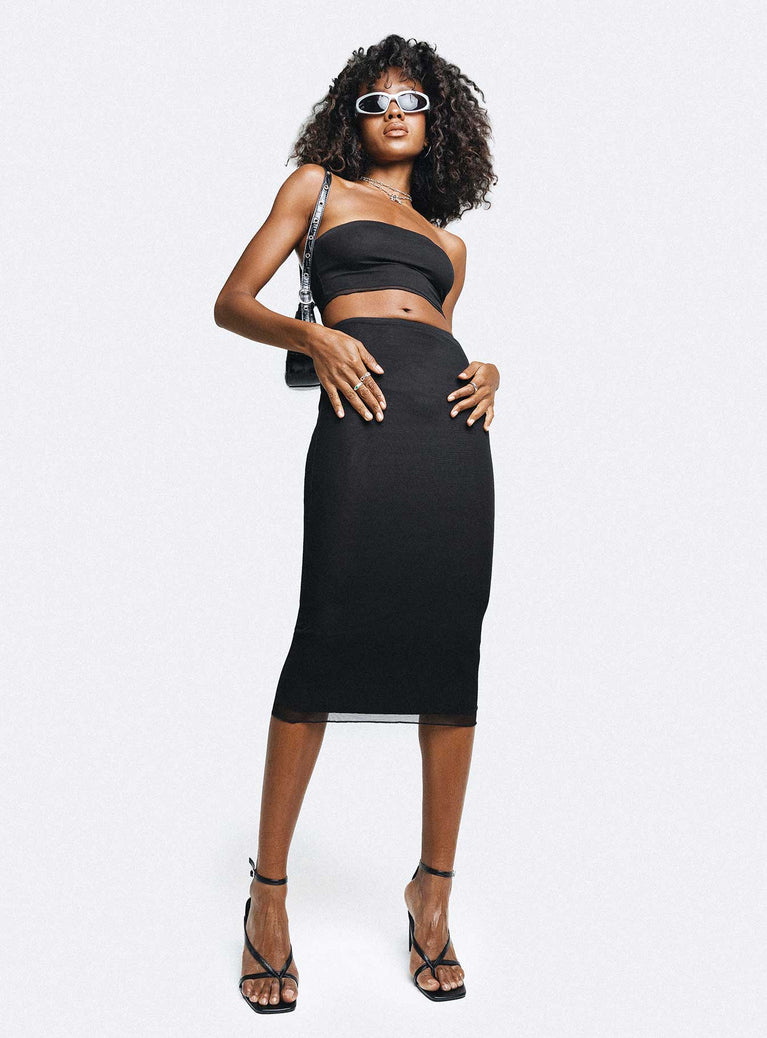 Black matching set Mesh material Strapless top Inner silicone trip at bust Maxi skirt Thin elasticated waistband Lettuce edge hem