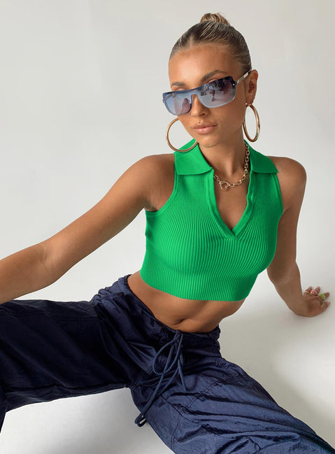 front view of model wearing Princess Polly Patterson Top Green Sleeveless V-Neck 