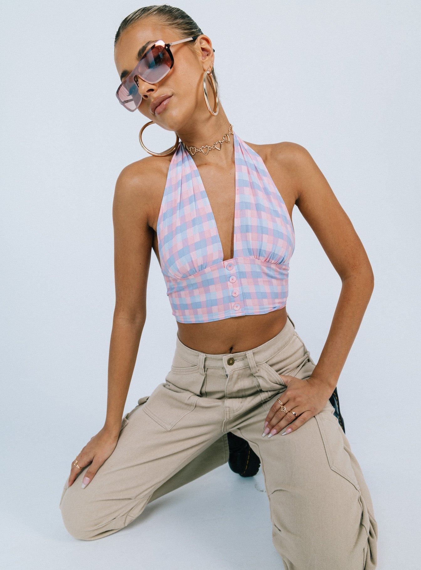 front view of model wearing Princess Polly Killara Top Multi Sleeveless Plunger 