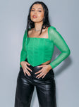 Green corset top Sheer mesh material Boning through front Long sleeves