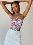 Strapless crop top Floral print Folded neckline Inner silicone strip at bust Zip fastening at back