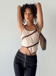 Crop top, beige and brown, Ribbed material  Halter neck tie fastening  Diagonal cut outs  Pointed hem 