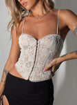 Corset Lace material Fixed shoulder straps Sweetheart neckline Hook & eye fastening at front
