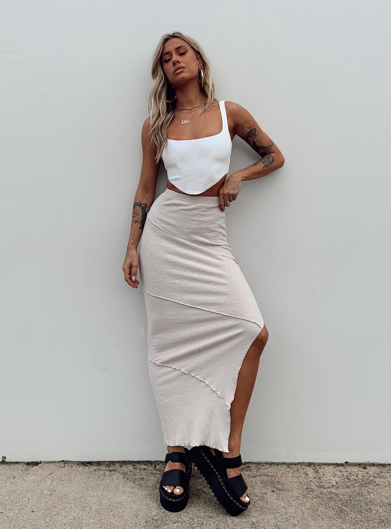 product Oscar Split Maxi Skirt Beige Princess Polly  Maxi 