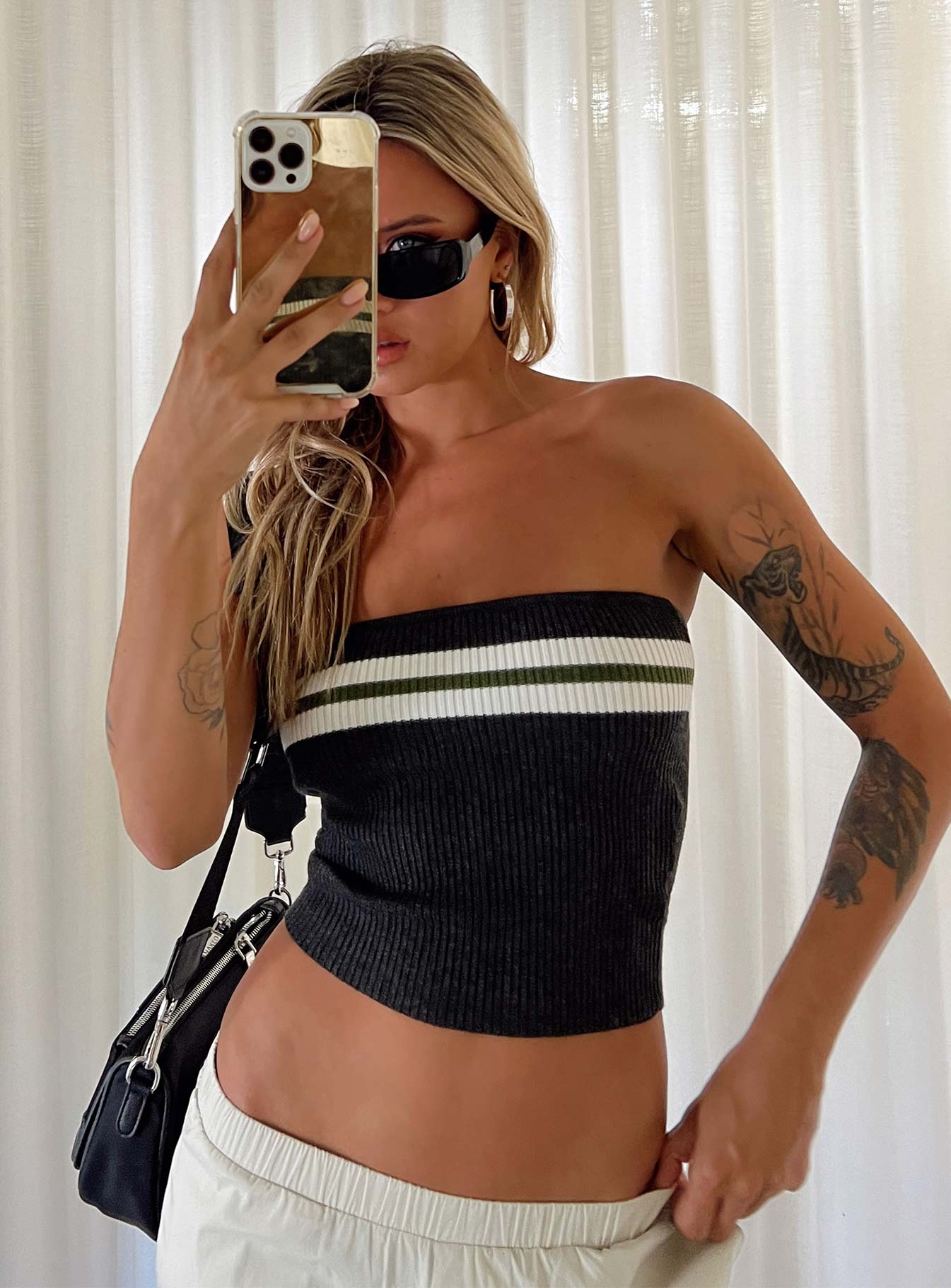 Front view of model wearing  front Princess Polly Sleeveless Square Neck  Cello Racing Tube Top Slate