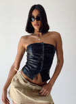 Strapless top Faux leather material  Button front fastening  Slight stretch  Fully lined  