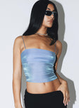 Crop top himmer material Fixed straps Straight neckline Invisible zip fastening at side