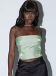 Crop top Shimmery silk material Fixed shoulder straps Square neckline Invisible zip fastening at side