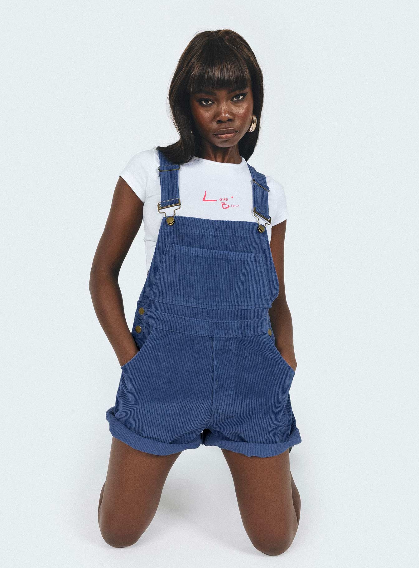 Kacey Short Overalls Navy Cord | Princess Polly