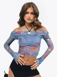 Long sleeve top Mesh material Graphic print Strapless design Folded neckline Elasticated neckline Good Stretch  Lined bust
