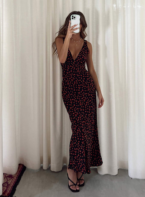 Nellie Maxi Dress Black/Red Floral | Princess Polly Nellie Maxi Dress Black/Red Floral | Princess Polly