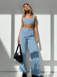 Matching set blue Soft brushed material Crop top Invisible zip fastening at side High waisted pants Wide relaxed leg Belt loops at waist Zip & button fastening Non-stretch  Lined top