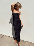 Maxi dress Silky material Elasticated shoulder straps Ruched bust Invisible zip fastening at side High leg slit