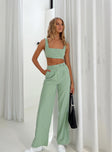 Green matching set Soft brushed material Crop top Invisible zip fastening at side High waisted pants Wide relaxed leg Belt loops at waist Zip & button fastening Non-stretch  Lined top