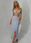 Matching set Lurex material Shimmer Look Bikini style top Adjustable straps Tie fastening High waisted maxi skirt Wrap skirt with tie fastening