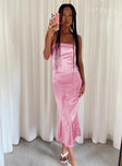 Strapless pink maxi dress slim fitting Silky material Inner silicone strip at bust Invisible zip fastening at side Tie fastening at back
