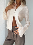 Front view of model wearing  front Princess Polly Full Sleeves High Neck  Aluna Shirt Beige