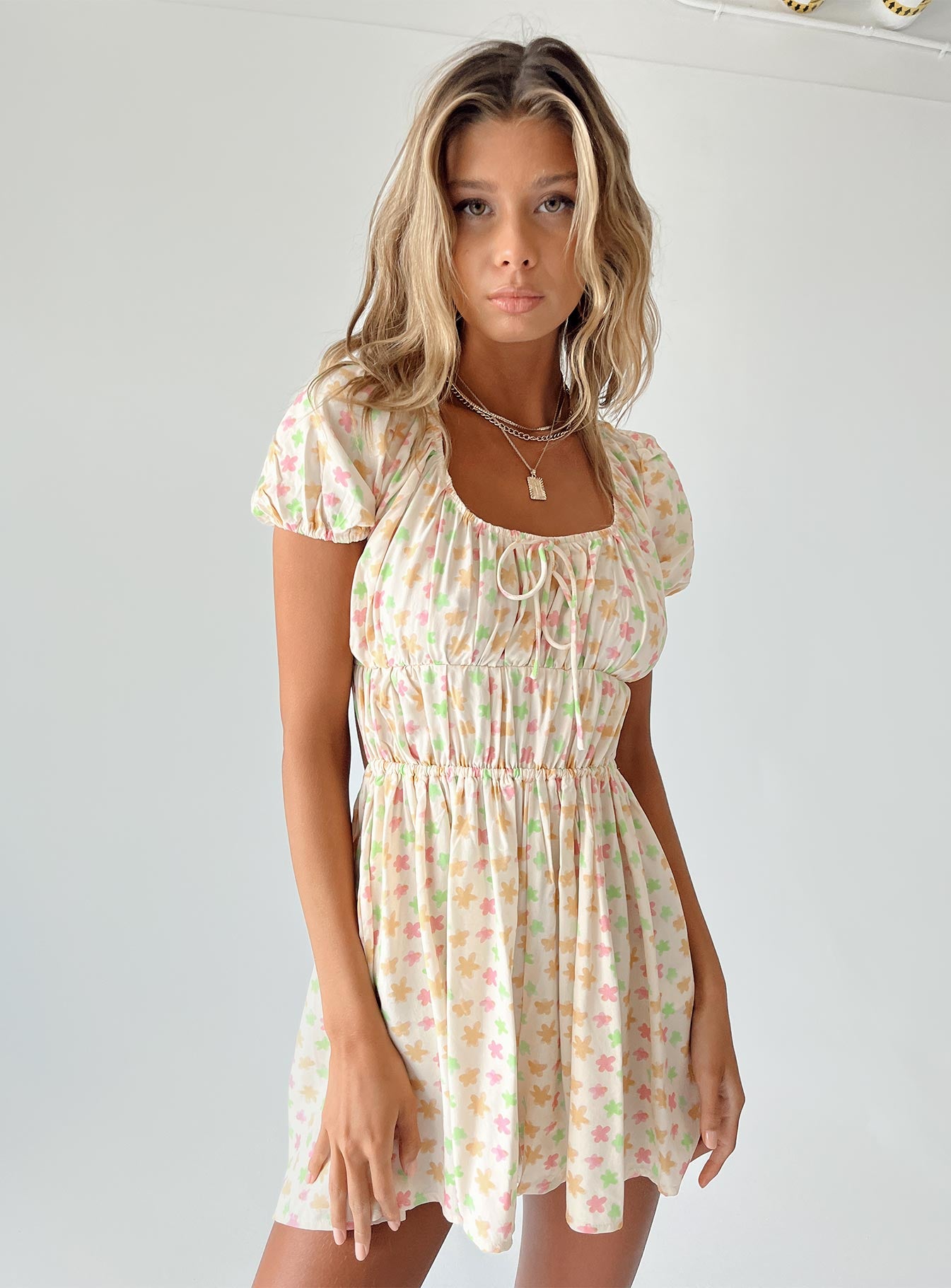 Romper Floral print  Puff sleeves Elasticated necklines & waistbands Back tie fastening  Low back 