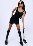 front view of model wearing Princess Polly The Austin Mini Dress Black Scoop Neck 