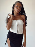 White strapless top Mesh material Ruched design Hook & eye fastening at front