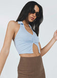 Top Ribbed material  Halter neck  Classic collar  V neckline  Button front fastening Good stretch 