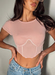 Crop top Ribbed material  Sheer mesh material  Wired cups  Boning through front  Invisible zip fastening at side Pointed hem  Cap sleeves  Shirred back panel 