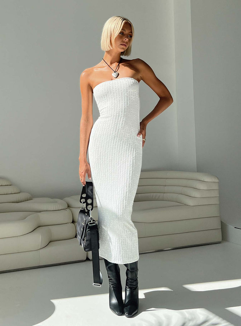 White maxi dress Textured mesh material Inner silicone strip at bust  Good Stretch Fully lined  