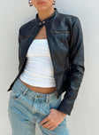 Leather jacket Faux leather material Gold-toned hardware High neck Zip fastening at front