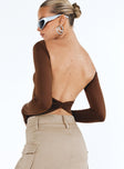 Brown long sleeve top High neckline Low back Twist detail at back Good stretch Unlined 