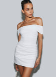 Front view of model wearing  front Princess Polly Asymmetric Neckline  Marcia Mini Dress White