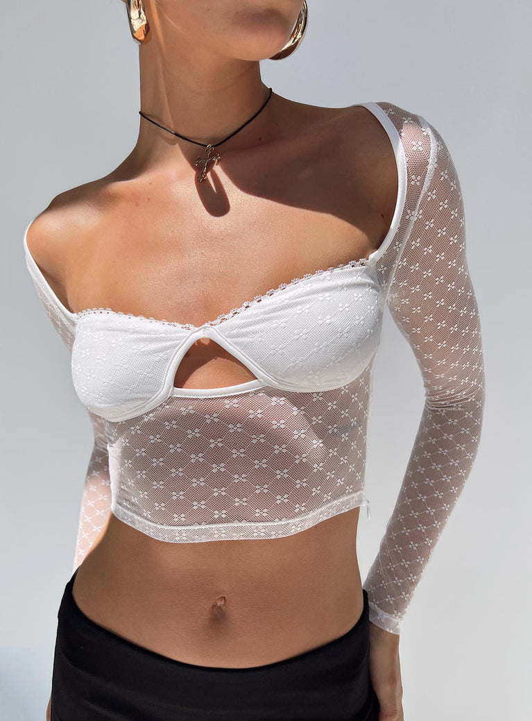 Long sleeve crop top Sheer mesh material Sweetheart neckline Keyhole cut out Good stretch Lined bust