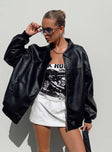 Bomber jacket  Oversized fit  Main: 55% rayon 45% polyester  Lining: 100% polyester  Faux leather material  Classic collar  Zip front fastening  Ribbed waistband & cuffs  Twin hip pockets 