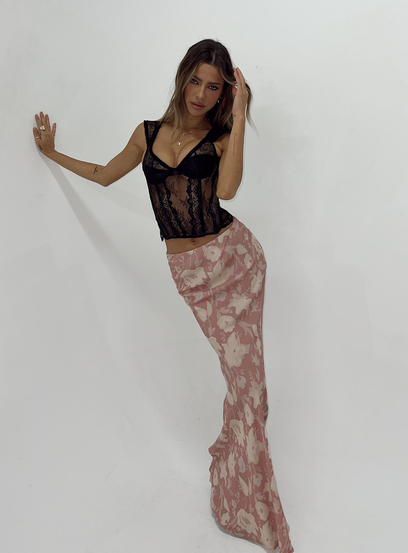 Front view of model wearing  front Bettina Floral Maxi Skirt Pink Multi Princess Polly  Maxi 