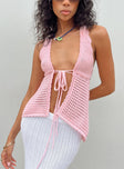 Halter Sheer crochet material Tie fastening at bust Cross over back straps with tie fastening Wear with care Slight stretch Unlined